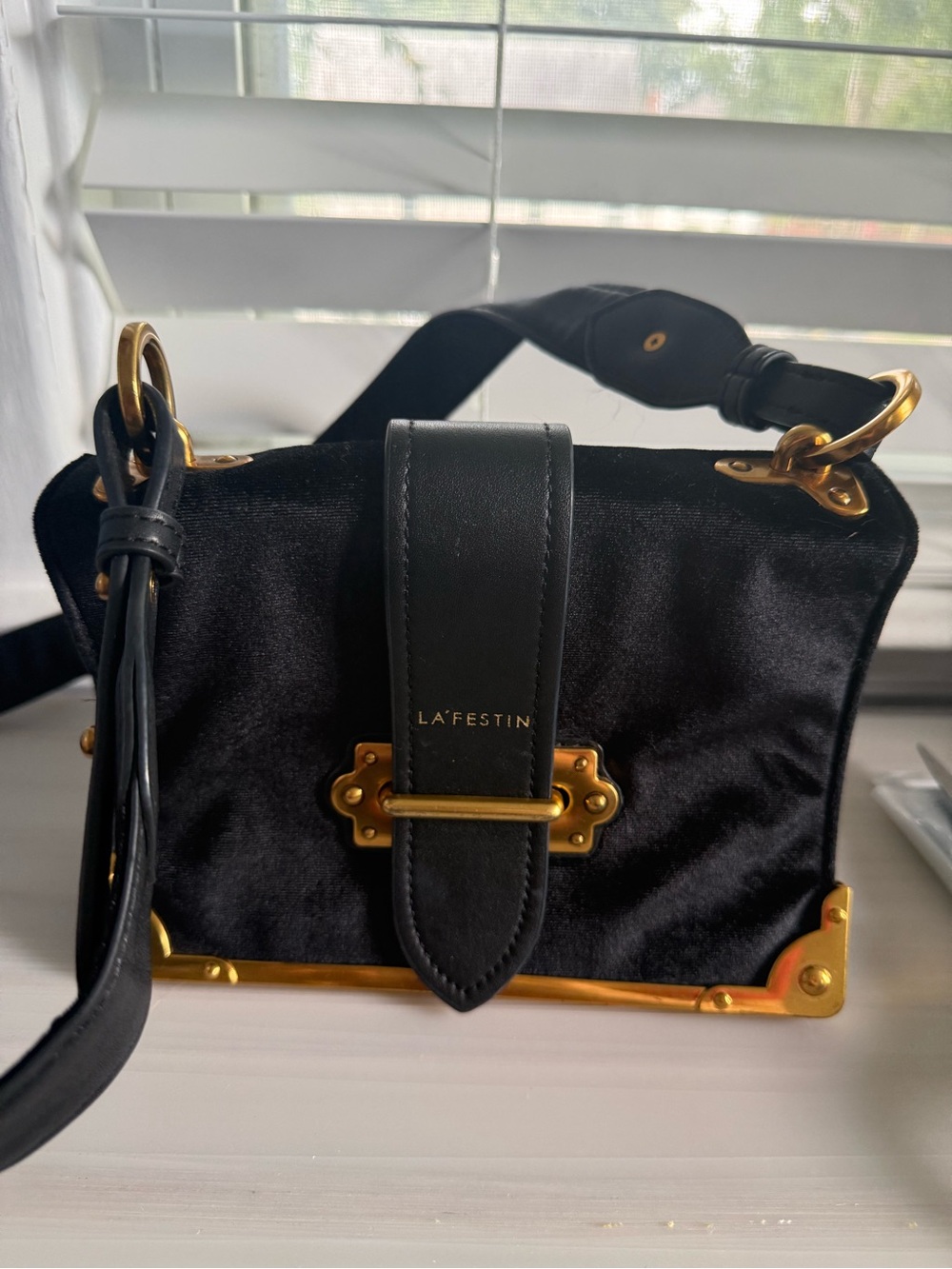 Black Suede Shoulder Bag with Gold Accents
